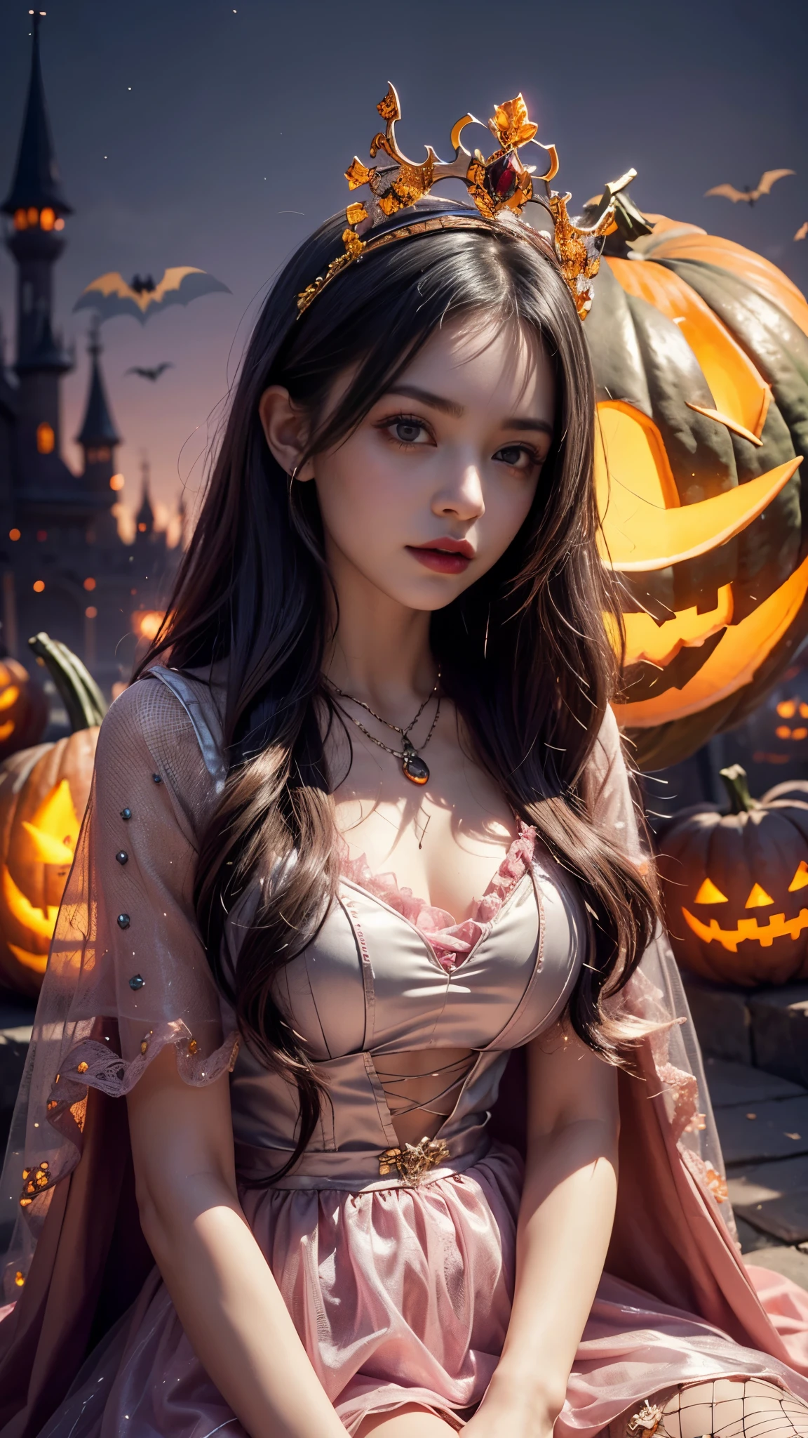 (A photo of a beautiful girl wearing a princess dress:1.5), 1beautiful girl, Amazing face and eyes, (extremely detailed beautiful face), (The sexiest look), (Beautiful big breasts:1.2), (Best Quality:1.4), (Ultra-detailed), (extremely detailed CG unified 8k wallpaper), Highly detailed, RAW Photos, Professional Photography, (Night amusement park, Halloween:1.5), (An eerie amusement park shrouded in thick fog), (Hordes of zombies), A scene from a movie,