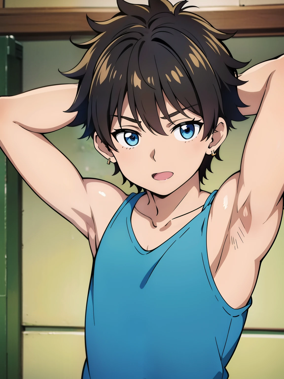 Highres, Masterpiece, Best quality at best,Best Quality,hight quality, hight detailed, Anime style, 1boy, Boy, Shota, Solo person, hansome, Messy hair, earring, Tank top, Upper body, Summer day, Laugh, Slim body, Blurry beckground, Seen from the front, (Showing armpit:1.4), (very young boy), (very small and short body), Uhd