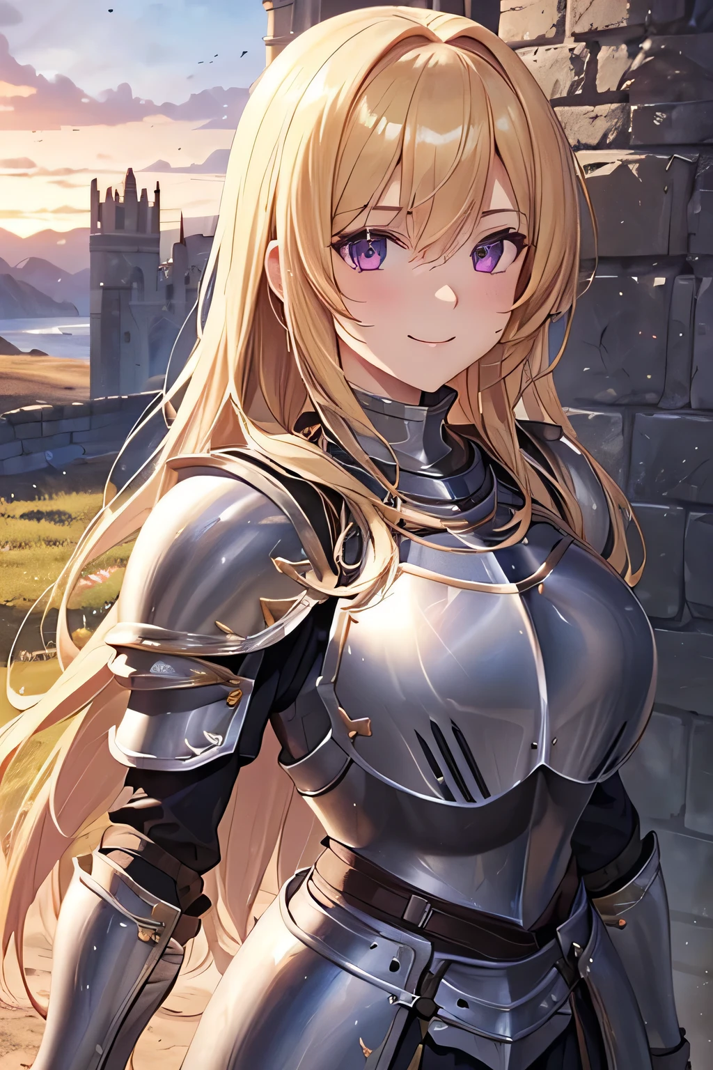 <lora:adventurers_v1 armor, knight, rogue, paladin, warrior, berserker, ranger, cleric, musketeer, valkyrie:1>, 1girl, knight, helmet, armor, light, shadow, valley, landscape, basking the golden glow of the setting sun, sun and clouds behind with rolling hilly grasslands and a castle in the distance