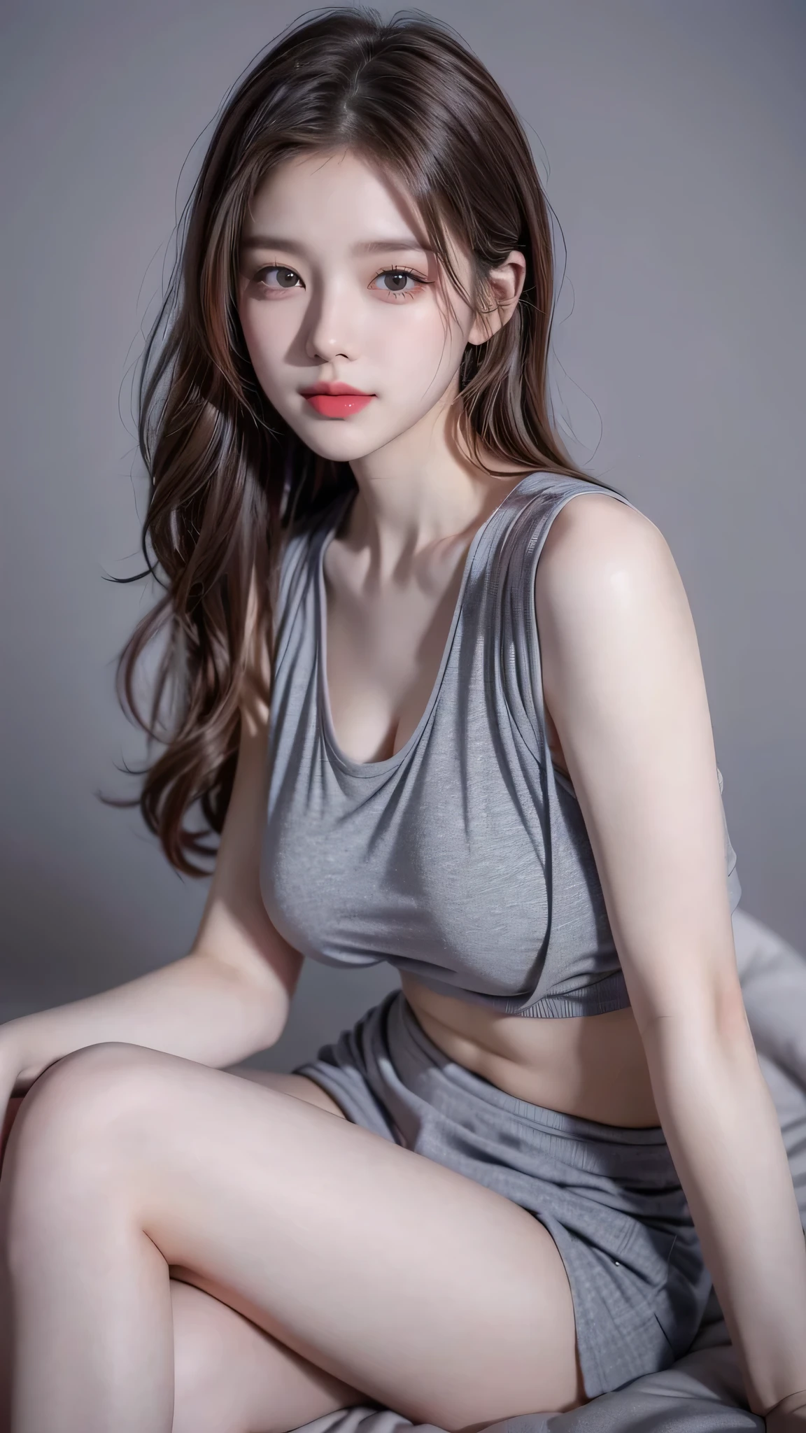 Girl wearing, luxury lavender coat, shoulder length hair, wavy hair, glowing skin, star in eye, red lips, grey  background, cute poses , sitting , wearing sexy grey tank top inside, big breast, small tank top , see through, Bellybutton , healthy woman 