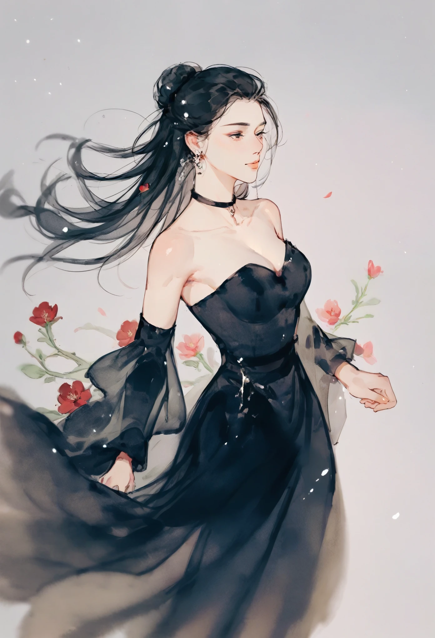 бал Middle ages, big beautiful hall, Middle ages, the hall is decorated with flowers, young woman, young woman в роскошном большом платье Middle ages, black dress, ball gown, fluffy black skirt
