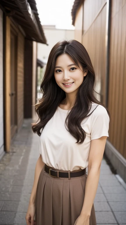 (Best Quality, masterpiece), (Typical Japanese housewife、Age 30), (Watching the audience:1.2), Soft Light,Slender figure、detailed eyes, Droopy eyes、Brown eyes、Light brown hair、Strong wavy medium length hair、Tight long skirt with belt、Plain brown T-shirt、Big smile、Sounds fun!、Bold pose for the camera、Walk down the alley towards me、After shopping