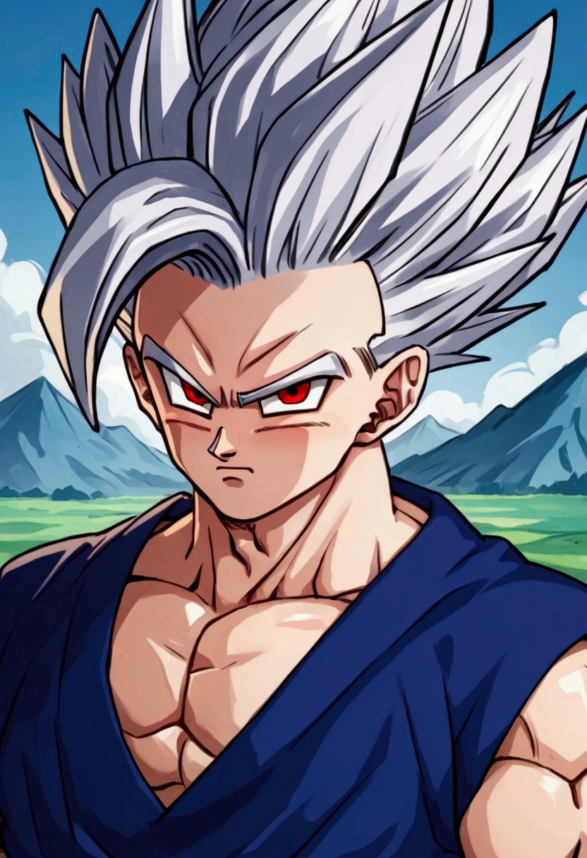 Gohan, white spiky hair, red eyes, black pupil, red ribbon around waist, looking at viewer, mountain background, blue suit unique characteristic lock, (Score_9,Score_8_up,Score_7_up), source_anime, best quality, masterpiece, anime
