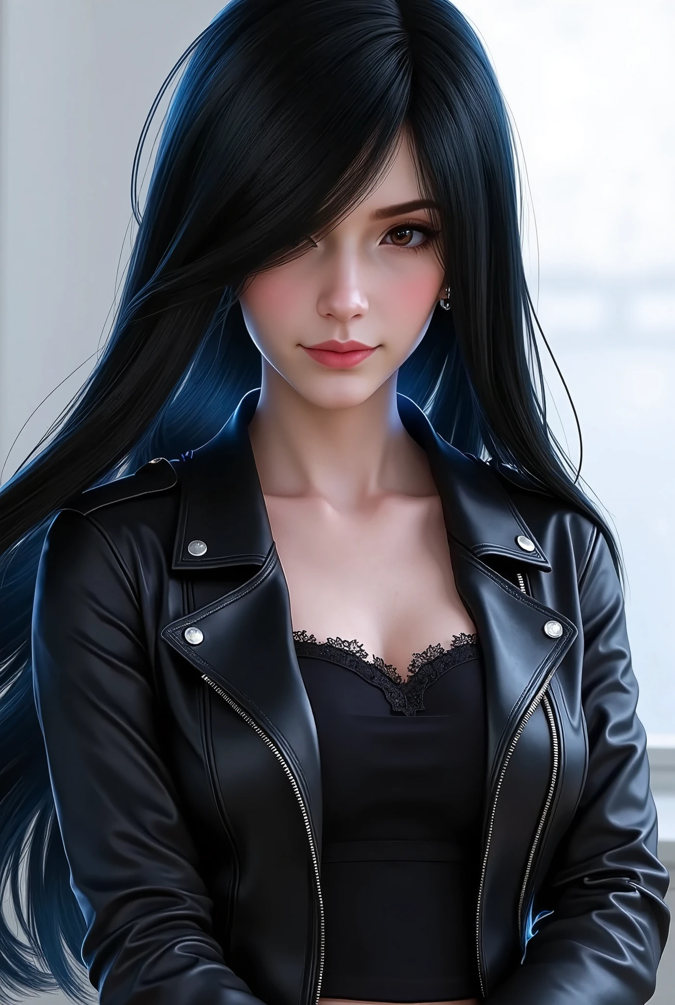 (masterpiece, Best quality:1.2), liangbing，1 Girl, Solitary，Upper Body，Chest，tight leather jacket