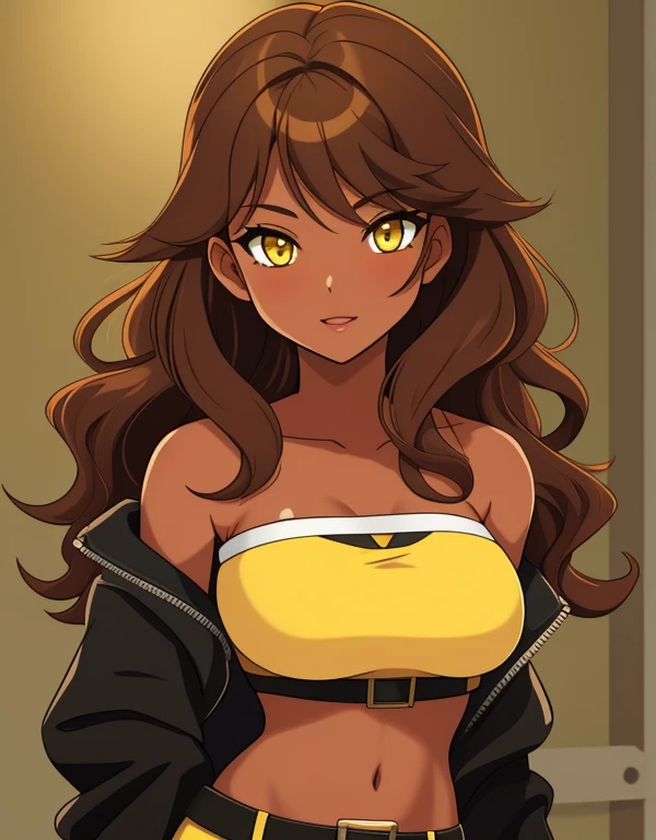 1girl, solo, 24yo, wavy hair, brown hair, (yellow eyes:1.5), tan-bronze skin, tan-skinned female, athletic figure, medium breasts BREAK She’s wearing early 2000's fashion: opened black jacket, orange strapless tank-top, belt, grey cargo pants BREAK looking at viewer, BREAK set in the early 2000’s, BREAK (masterpiece:1.2), best quality, high resolution, unity 8k wallpaper, (illustration:0.8), (beautiful detailed eyes:1.6), extremely detailed face, perfect lighting, extremely detailed CG, (perfect hands, perfect anatomy),
