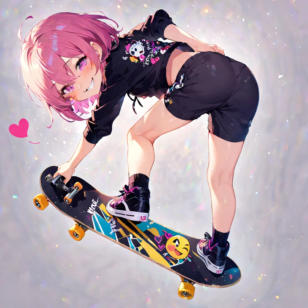 １０Year old girl、Emoji with double exposure of clothes、Point here and laugh、Heart symbol in eye、Naughty smile、whole body、Riding a skateboard、Stylish angle、