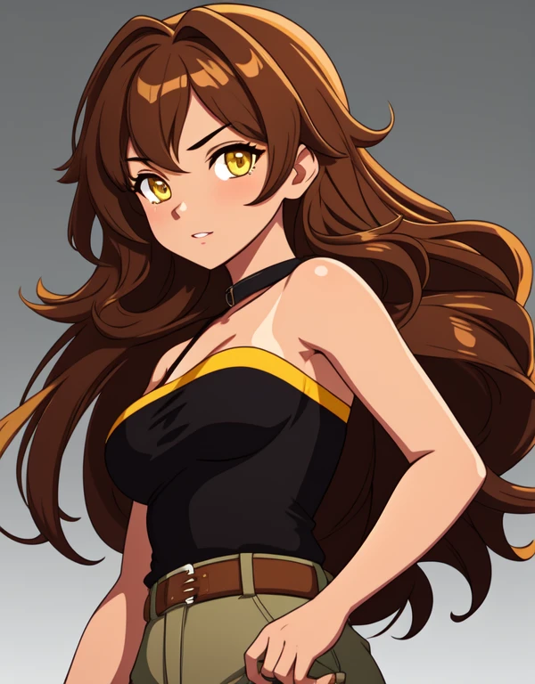 1girl, solo, 24yo, wavy hair, brown hair, (yellow eyes:1.5), tan-bronze skin, tan-skinned female, athletic figure, medium breasts BREAK She’s wearing early 2000's fashion: opened black jacket, orange strapless tank-top, belt, grey cargo pants BREAK looking at viewer, BREAK set in the early 2000’s, BREAK (masterpiece:1.2), best quality, high resolution, unity 8k wallpaper, (illustration:0.8), (beautiful detailed eyes:1.6), extremely detailed face, perfect lighting, extremely detailed CG, (perfect hands, perfect anatomy),