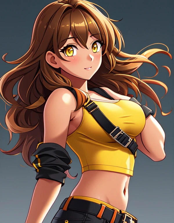 1girl, solo, 24yo, wavy hair, brown hair, (yellow eyes:1.5), tan-bronze skin, tan-skinned female, athletic figure, medium breasts BREAK She’s wearing early 2000's fashion: opened black jacket, orange strapless tank-top, belt, grey cargo pants BREAK looking at viewer, BREAK set in the early 2000’s, BREAK (masterpiece:1.2), best quality, high resolution, unity 8k wallpaper, (illustration:0.8), (beautiful detailed eyes:1.6), extremely detailed face, perfect lighting, extremely detailed CG, (perfect hands, perfect anatomy),