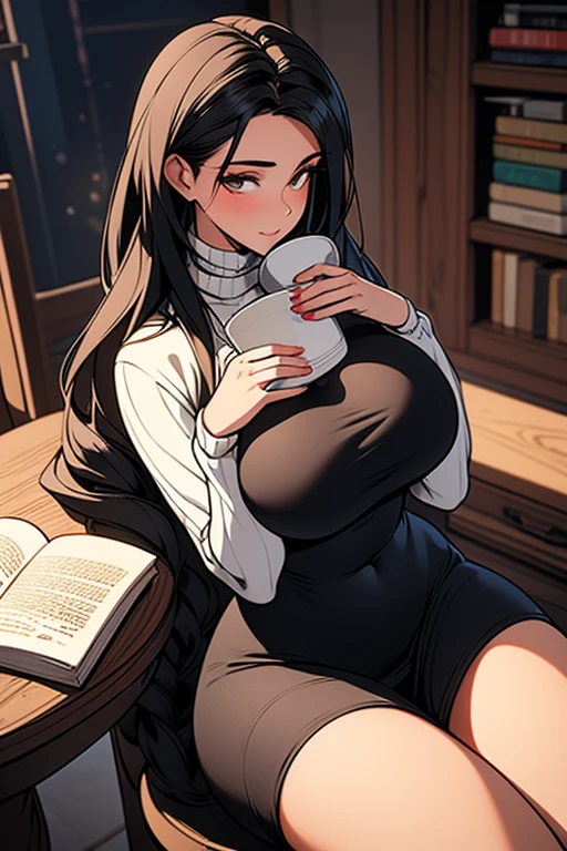 4k, masterpiece, high resolution, 3D art style, 1girl, mature, long black hair, slender hips, thick thighs, huge breast, huge round ass, sweater and tight pant, sitting at the table reading a book, a coffe cup on the table,tight dress , SoloHigh Details, Super Detailed, Textured Skin, 