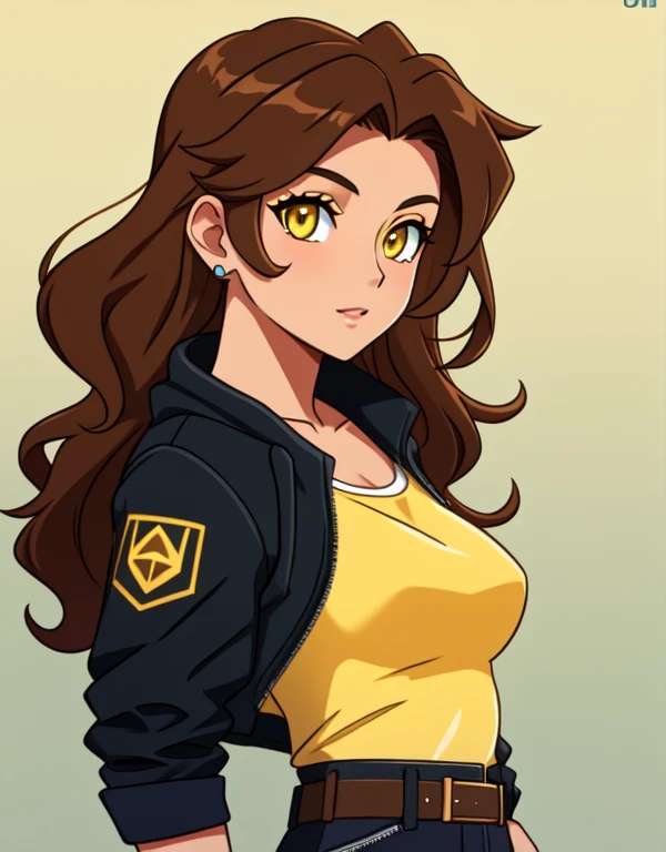 1girl, solo, 24yo, wavy hair, brown hair, (yellow eyes:1.5), tan-bronze skin, tan-skinned female, athletic figure, medium breasts BREAK She’s wearing early 2000's fashion: opened black jacket, orange strapless tank-top, belt, grey cargo pants BREAK looking at viewer, BREAK set in the early 2000’s, BREAK (masterpiece:1.2), best quality, high resolution, unity 8k wallpaper, (illustration:0.8), (beautiful detailed eyes:1.6), extremely detailed face, perfect lighting, extremely detailed CG, (perfect hands, perfect anatomy),