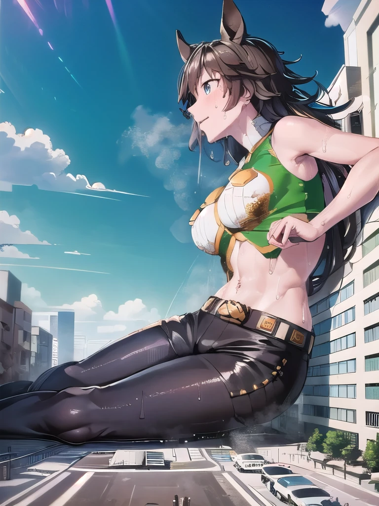 Giantess, Only one girl, Lying down, Girl sitting on the ground, ((Super huge high school girl bigger than a island)), Pleasure, Cleavage, Trying to crush a miniature metropolis, blue eyes, ((destroyed city)), Wearing pink sportswear that shows off her cleavage, Wear black yoga pants underneath, erect nipples, stomach, navel, Long legs, Tightens abs, No chest leakage, crash city, tiny city, micro city, skinny pants, gym room, big assa, city, ((Sweat)), (((Falling sweat))), Thighs, giga Giantess, huge craters, Woman crushing a building, Steam from the body, ravines, cracks in the ground, earthquak, null, blue sky, City, ((Background on the street)), (((The Girl Who Crushes the City))), Eyes open, first-person view, anime,((( from below), wide shot, panorama, best quality, masterpiece, highres,Low Angle,Woman looking up,View from the feet