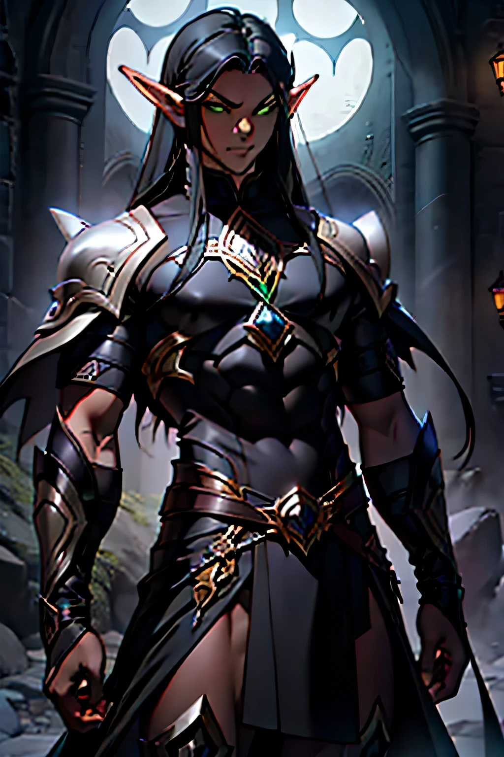 1 male elf, dark skin, black narcas in the eyes, green eyes, black hair, Long hair, elf dress, arch in the back, medium build with muscles, serious miracle, black sclera