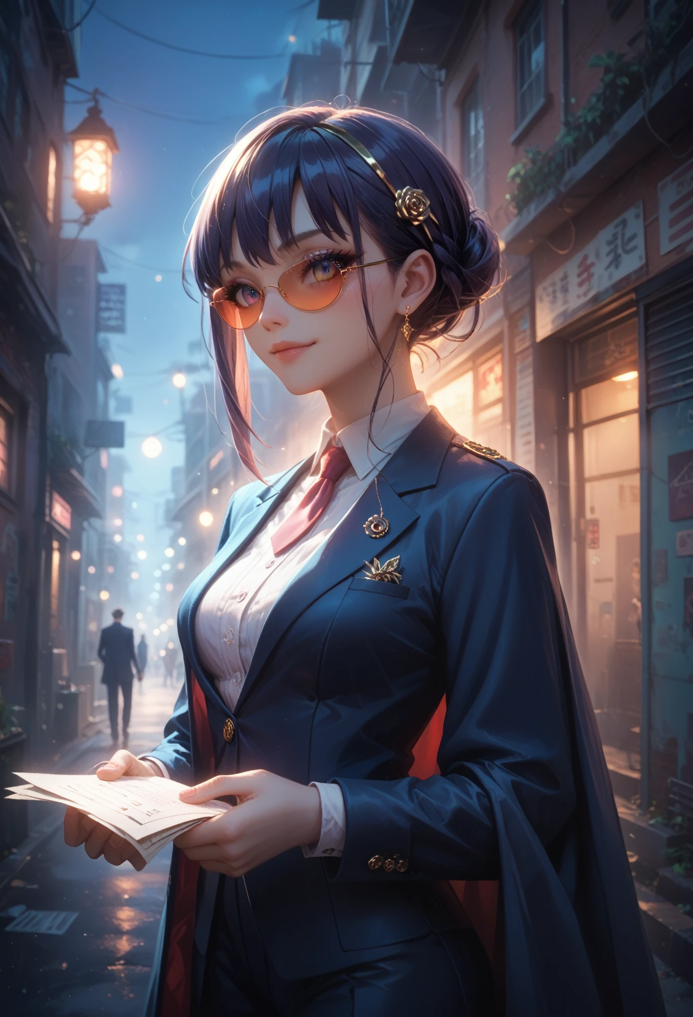 1 spy girl in a secret operation, Suit Fashion, intense gaze, dark background City, street, alley, Light of Lanterns , dramatic lighting, cinematic composition, muted color palette,(masterpiece, best quality:1.3), sunglasses, holds paper, slight smile, Shine, Gorgeous, masterpiece, maximum quality, Game of Shadows,