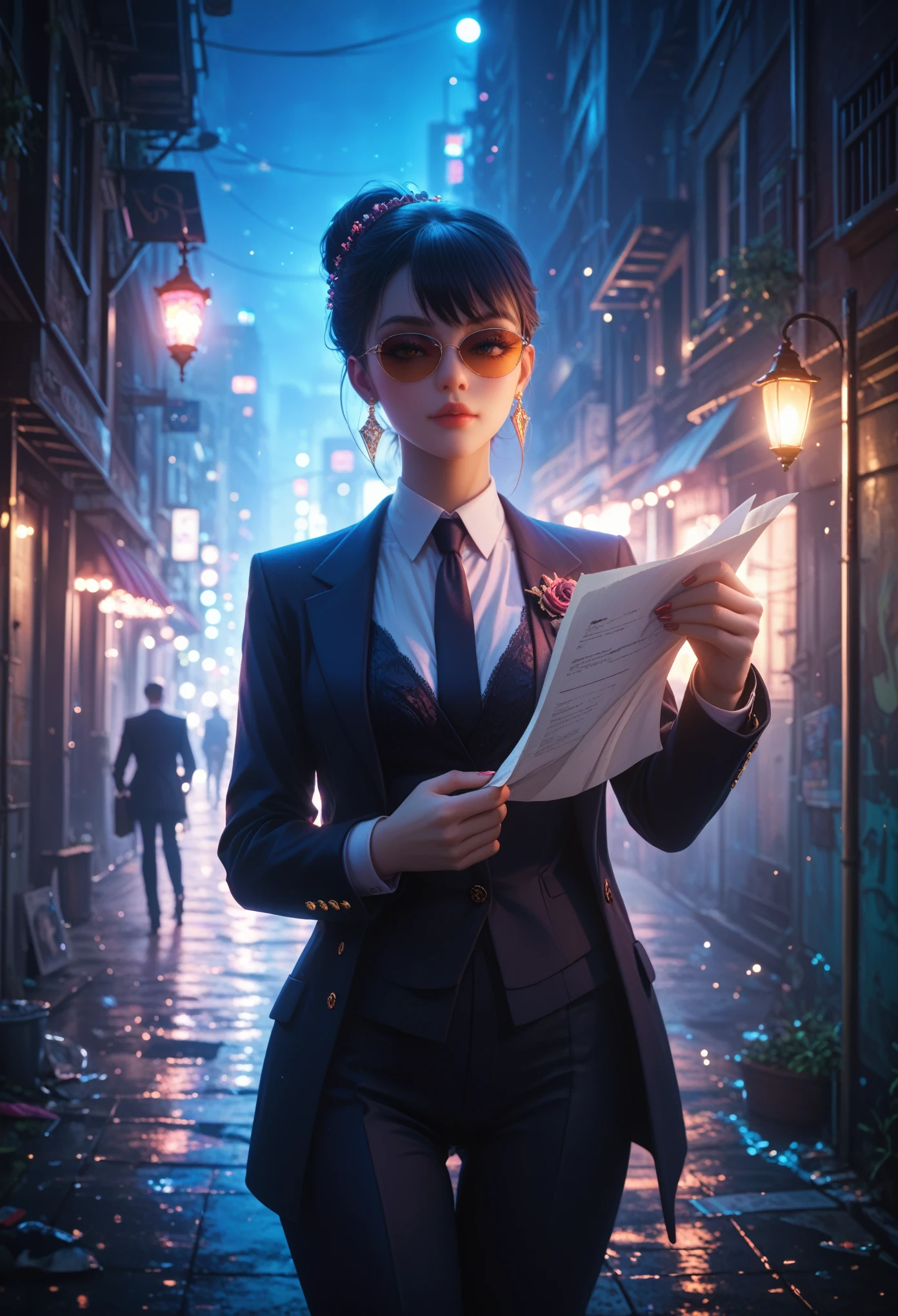 1 spy girl in a secret operation, Suit Fashion, intense gaze, dark background City, street, alley, Light of Lanterns , dramatic lighting, cinematic composition, muted color palette,(masterpiece, best quality:1.3), sunglasses, holds paper "secret mission," and a small unique text