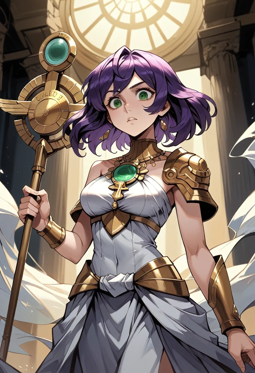 Greek Goddess Athena,Extremely beautiful young woman with long violet hair, green eyes and a long white dress, a golden staff that he holds in his right hand and can be used as a weapon and a shield. Radiates elegance, wisdom, Trust, sincerity and serenity,In the background you can see a Greek temple, 30 megapixels, 4k, Canon EOS 5D Mark IV DSLR, 85mm lens, sharp focus, Intricately detailed, long exposure time, f/8, ISO 100, Shutter speed 1/125 , diffuse backlight, award-winning photography, facing camera, looking at the camera, monovisions, perfect contrast, high sharpness, facial symmetry, Depth of field, ultra detailed photography, ray tracing, global illumination, TanvirTamim, seeds, ultra high definition, 8K, Unreal Engine 5, ultra sharp focus, award-winning photography, Trends in ArtStation, realista 8K