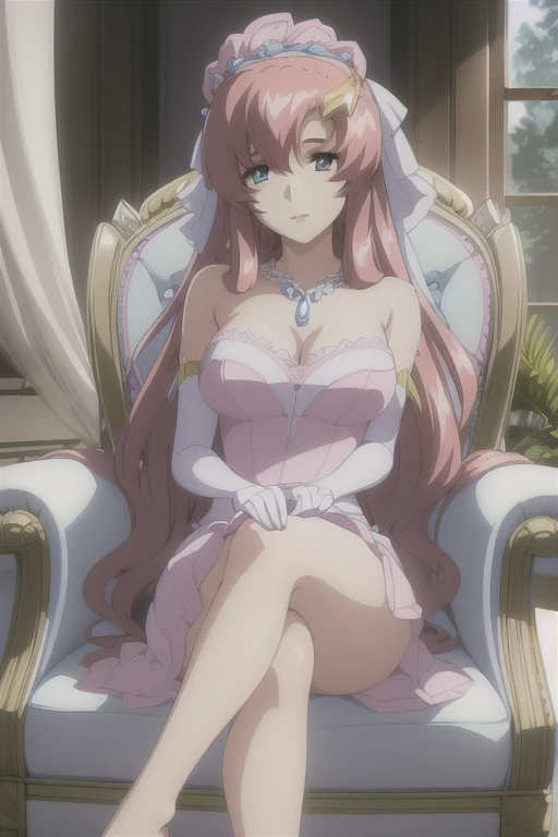 perfect eyes:1.2, detailed eyes:1.4, hall, smile, chandelier, sitting, Kurayoshi_R, cleavage, large breasts, ass, white dress, pelvic curtain, long dress, medium full shot, thigh-level shot, 1girl,(masterpiece:1.6, best quality),