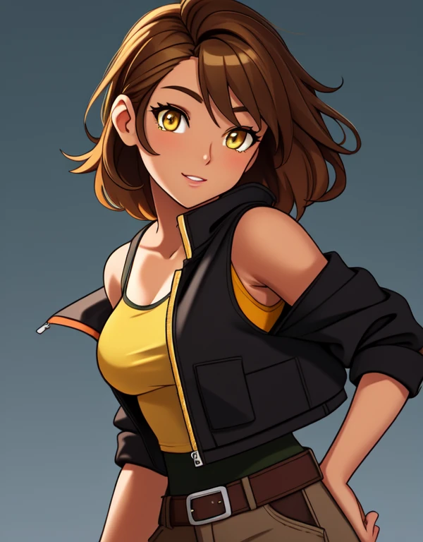 1girl, solo, 24yo, short brown hair, (yellow eyes:1.5), tan-bronze skin, tan-skinned female, athletic figure, medium breasts BREAK She’s wearing early 2000's fashion: opened black jacket, orange strapless tank-top, belt, grey cargo pants BREAK looking at viewer, BREAK set in the early 2000’s, BREAK (masterpiece:1.2), best quality, high resolution, unity 8k wallpaper, (illustration:0.8), (beautiful detailed eyes:1.6), extremely detailed face, perfect lighting, extremely detailed CG, (perfect hands, perfect anatomy)