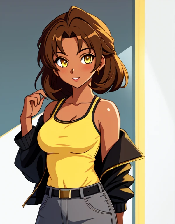 1girl, solo, 24yo, short brown hair, (yellow eyes:1.5), tan-bronze skin, tan-skinned female, athletic figure, medium breasts BREAK She’s wearing early 2000's fashion: opened black jacket, orange strapless tank-top, belt, grey cargo pants BREAK looking at viewer, BREAK set in the early 2000’s, BREAK (masterpiece:1.2), best quality, high resolution, unity 8k wallpaper, (illustration:0.8), (beautiful detailed eyes:1.6), extremely detailed face, perfect lighting, extremely detailed CG, (perfect hands, perfect anatomy),