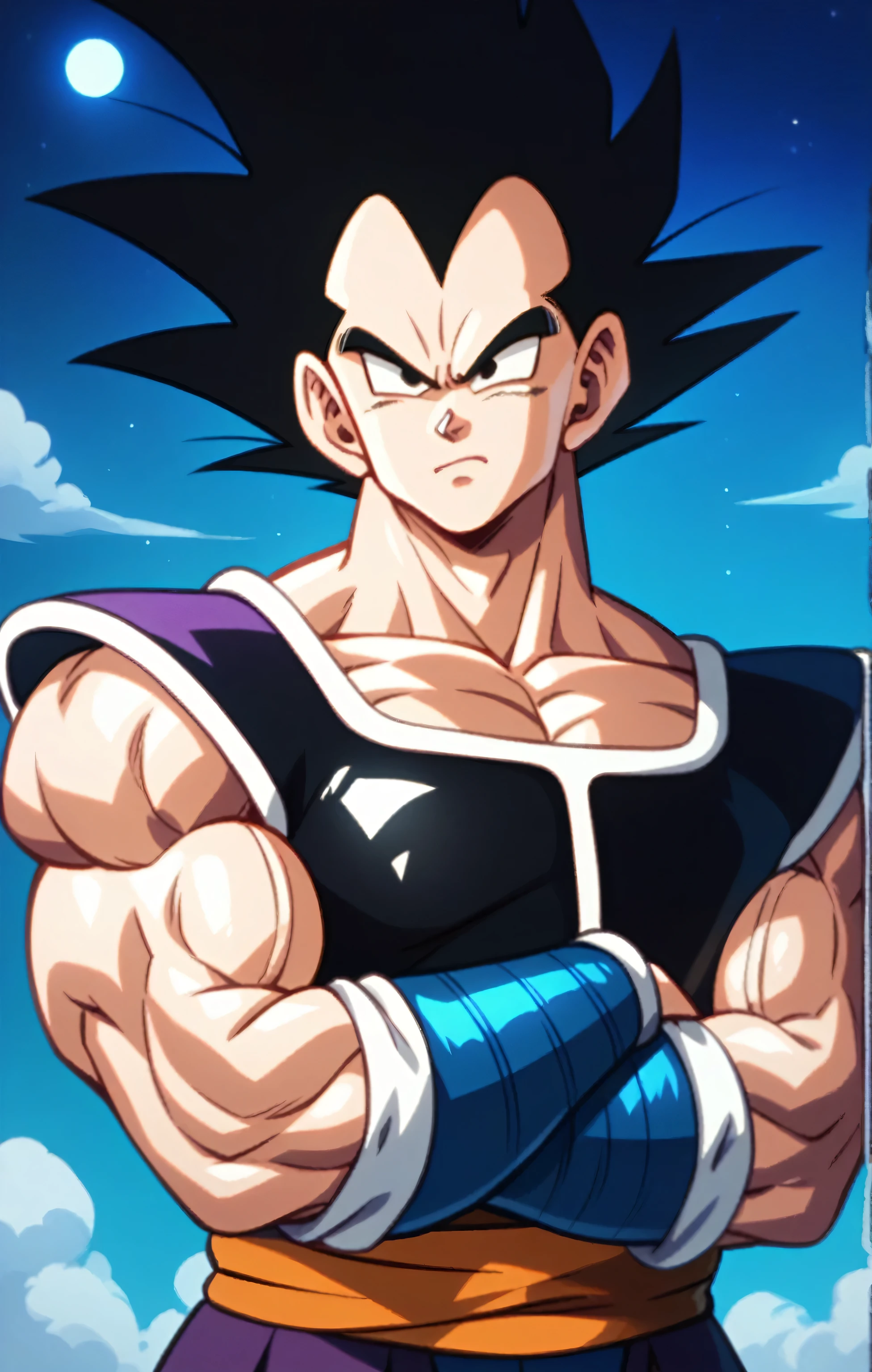 Vegeta, dragon ball Z style,   dragon ball Z, annoyed expression, black eyes, musclebound, giant muscles, arms crossed,  detailed muscles, wearing sayian armor, dark storm clouds background, night, highly detailed, best quality