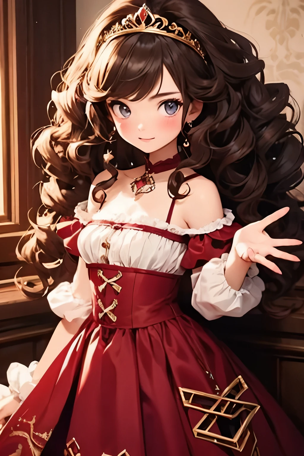 Nothing, Best Quality, Very young  , pretty girl , Brunette, Curly haired evil girl, dress，Tiara，Cunning gestures，