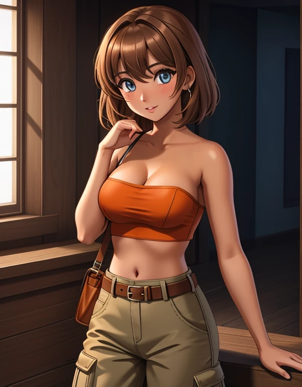 1girl, solo, 24yo, short brown hair, (yellow eyes:0.85), tan-bronze skin, tan-skinned female, athletic figure, medium breasts BREAK She’s wearing early 2000's fashion: orange strapless tank-top, belt, grey cargo pants BREAK looking at viewer, BREAK set in the early 2000’s, BREAK (masterpiece:1.2), best quality, high resolution, unity 8k wallpaper, (illustration:0.8), (beautiful detailed eyes:1.6), extremely detailed face, perfect lighting, extremely detailed CG, (perfect hands, perfect anatomy),