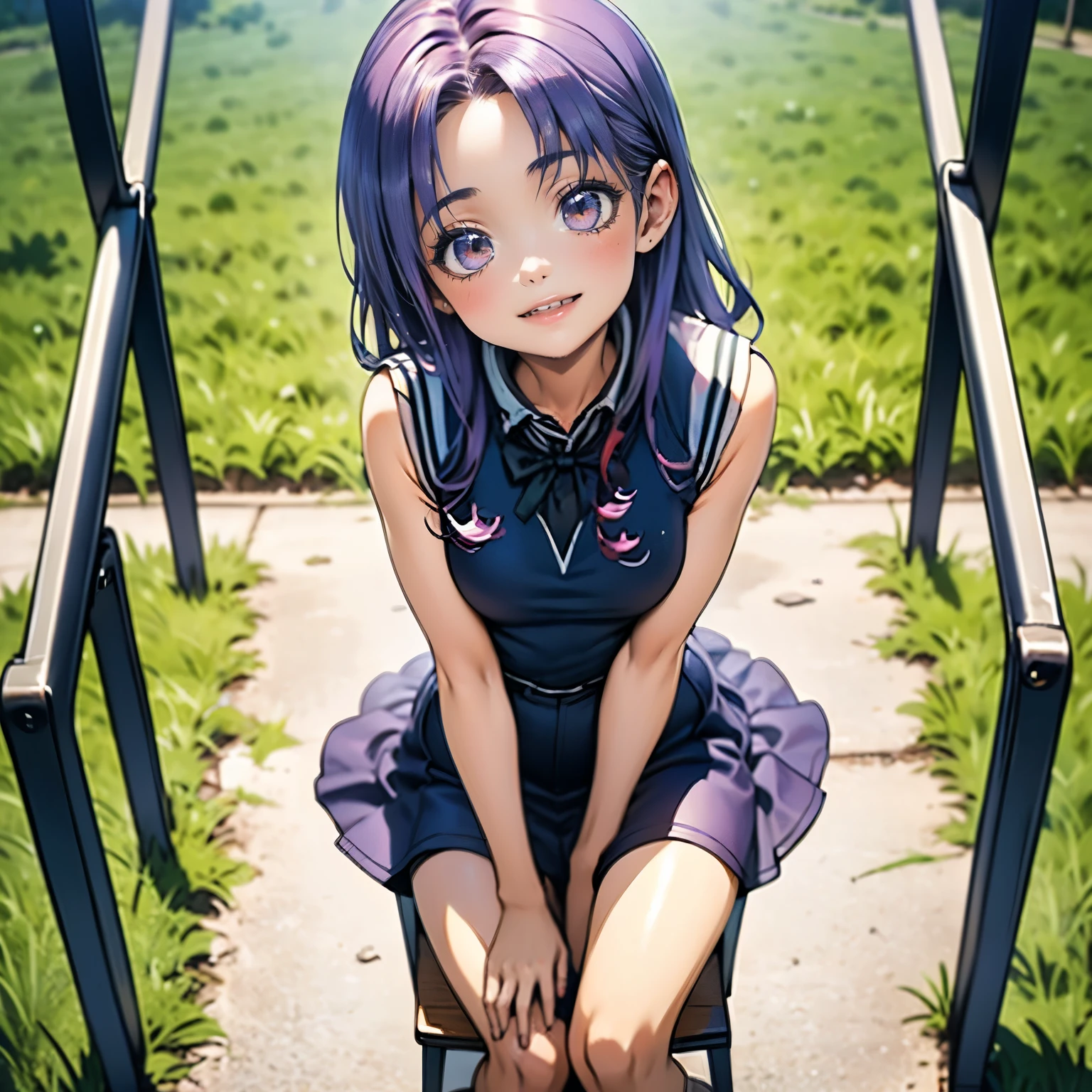 (masterpiece), best quality, 1girl, expressive eyes, perfect face, (purple hair), perfect anatomy, full body, 4k, HDR, full HD, alone, A cute girl sitting in a vibrant schoolyard, wearing a sleeveless school uniform. She has a round face with a bright, beaming smile and sparkling, expressive eyes that convey her joyful and playful nature. Her hair is styled in a neat bob with soft curls, adorned with a small, colorful hair clip on one side. She wears a sleeveless blouse in a soft pastel shade, with delicate lace trim along the edges and a tiny bow at the collar. The blouse is paired with a matching skirt that flares slightly, showing off her cute knee-high socks with playful patterns and small, shiny shoes. Her arms are relaxed, and her armpit is gently visible as she sits comfortably, adding a natural touch to her pose. The schoolyard is bustling with life, featuring bright, blooming flowers, a colorful playground with swings and slides, and cheerful banners fluttering in the breeze. The scene is bathed in a warm, golden sunlight, casting a soft glow that highlights the girl's happiness and the vibrant, welcoming atmosphere of the schoolyard.
