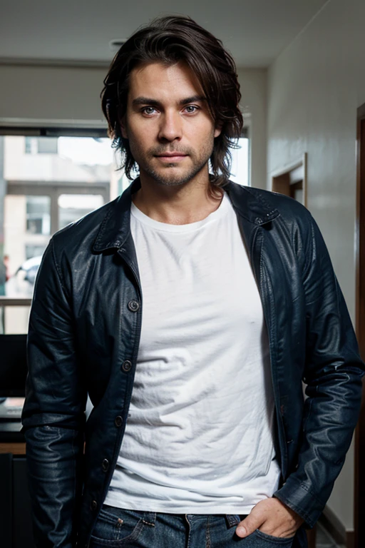 38 year-old Male, white male, tanned skin, handsome, black hair, and stubble beard, deep blue eyes, muscular body and thin, wearing shirt and jeans, straight nose, oval face, canadian, his hair is below his ears, tousled messy hair badass
