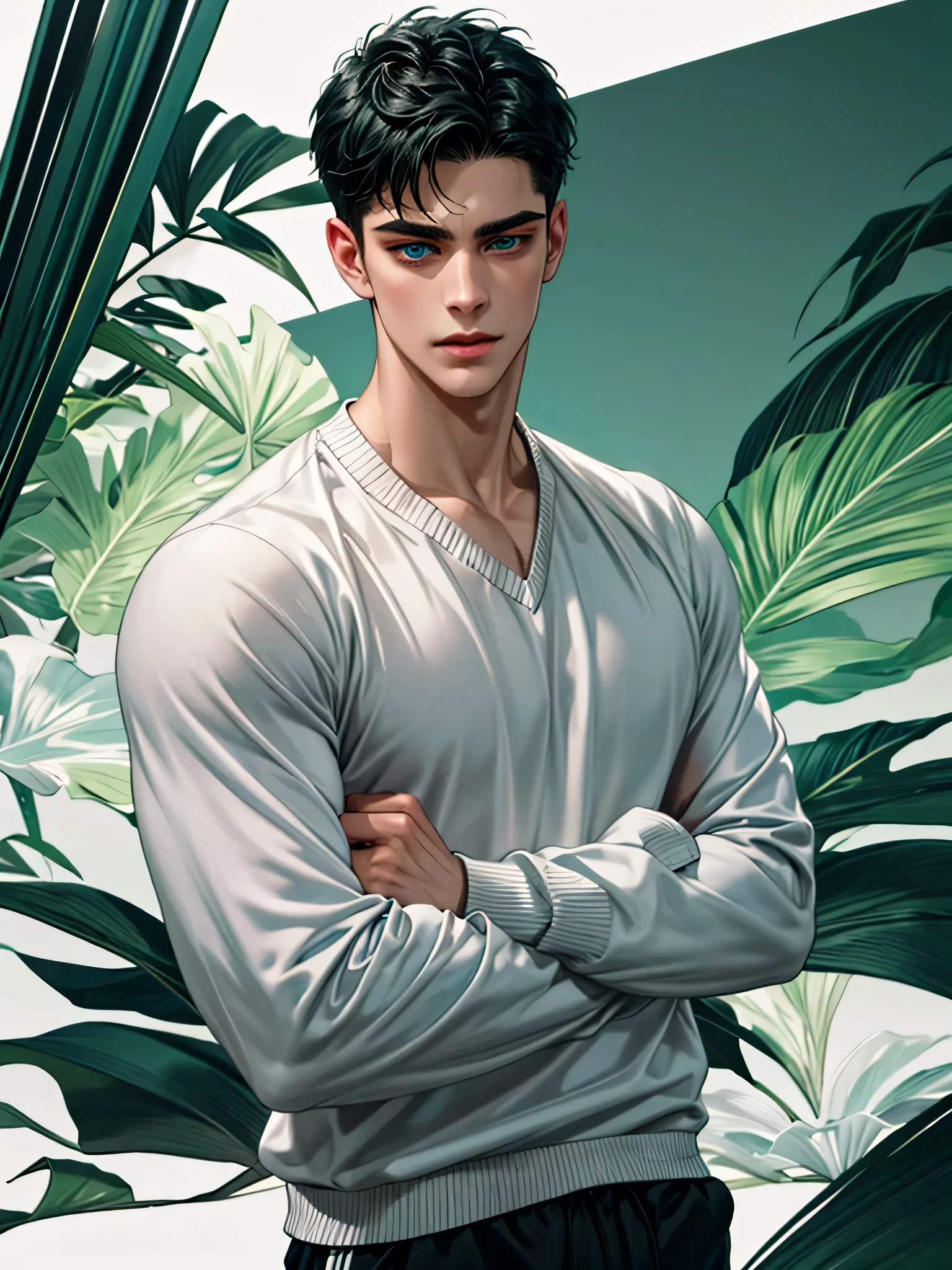 handsome young man, black hair short hair, blue eyes, ombros largos, masterpiece, Absurd, Beautiful and detailed face, with arms crossed, olhando para o espectador, with a dark green long sleeve sweater from adidasdaytime, 