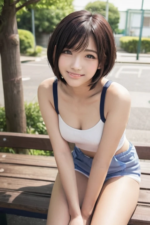 Top quality, 1 beautiful woman, super short Hair,  wearing Camisole & skirt, shy-smile, Sunlight, at beach,from above:1.3