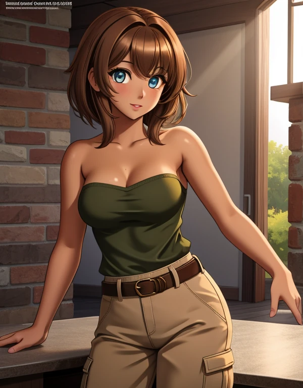 1girl, solo, 24yo, short brown hair, (yellow eyes:1.02), tan-bronze skin, tan-skinned female, athletic figure, medium breasts BREAK She’s wearing early 2000's fashion: orange strapless tank-top, belt, grey cargo pants BREAK looking at viewer, BREAK set in the early 2000’s, BREAK (masterpiece:1.2), best quality, high resolution, unity 8k wallpaper, (illustration:0.8), (beautiful detailed eyes:1.6), extremely detailed face, perfect lighting, extremely detailed CG, (perfect hands, perfect anatomy),
