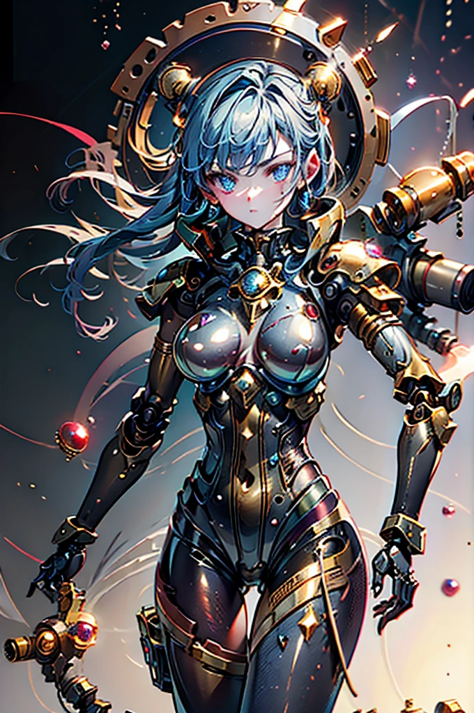 A woman adorned in fantasy-style full-body armor, a crown-concept fully enclosed helmet that unveils only her eyes, a composite layered chest plate, fully encompassing shoulder and hand guards, a lightweight waist armor, form-fitting shin guards, the overall design is heavy-duty yet flexible, ((the armor gleams with a golden glow, complemented by red and blue accents)), exhibiting a noble aura, she floats above a fantasy-surreal high-tech city, this character embodies a finely crafted fantasy-surreal style armored hero in anime style, exquisite and mature manga art style, (Queen bee mixed with Spider concept Armor, plasma, blood), ((Element, energy, elegant, goddess, femminine:1.5)), metallic, high definition, best quality, highres, ultra-detailed, ultra-fine painting, extremely delicate, professional, anatomically correct, symmetrical face, extremely detailed eyes and face, high quality eyes, creativity, RAW photo, UHD, 32k, Natural light, cinematic lighting, masterpiece-anatomy-perfect, masterpiece:1.5