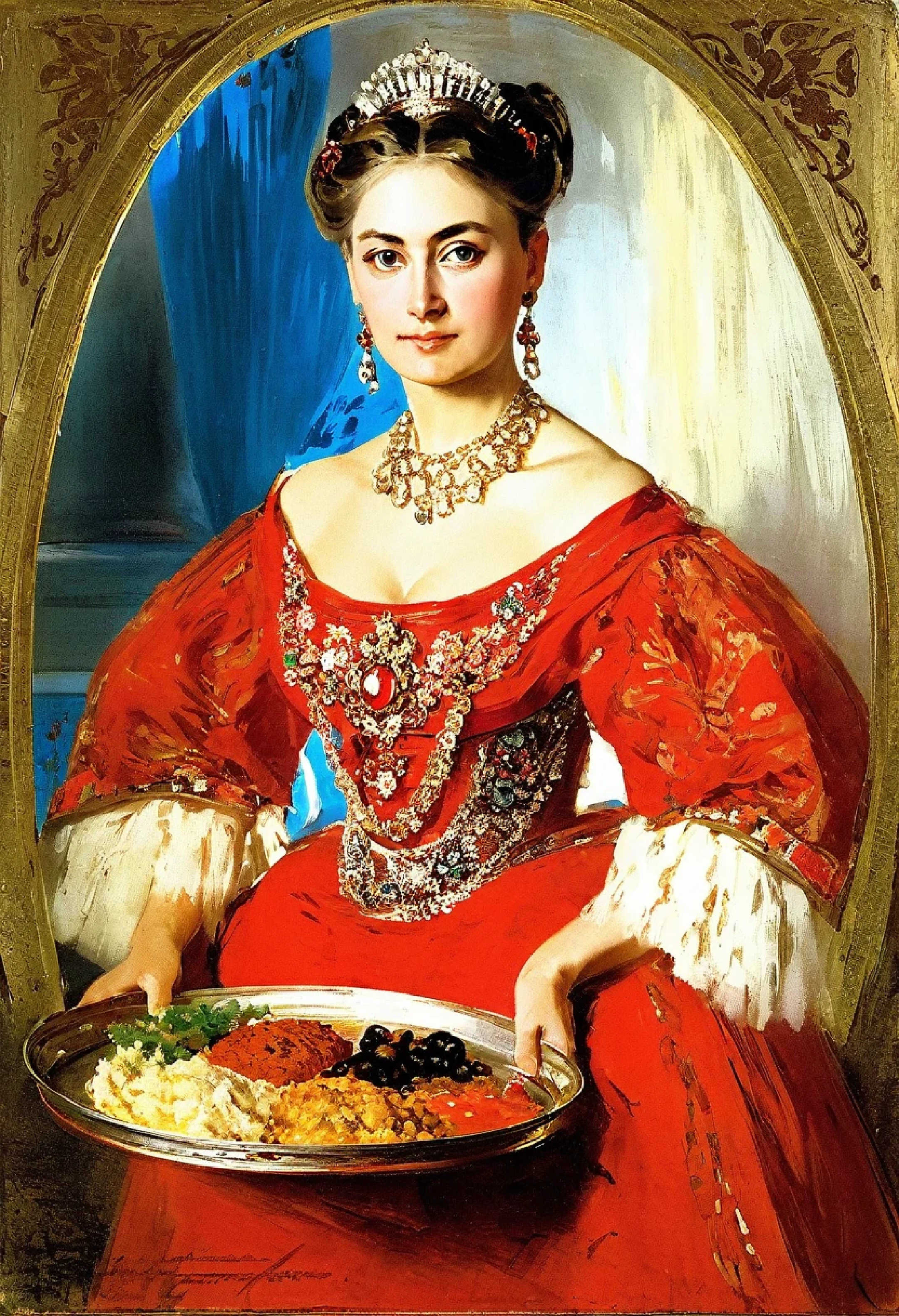 arafed portrait of a woman in a red dress, holding a tray of food, Russian academic painting, inspired by Konstantin Makovsky, academic russian painting, inspired by Nikolai Makovsky, portrait of the young empress, historical works of art, inspired by Vladimir Makovsky, traditional russia, princess at a royal banquet, Russian costume, like an elegant noblewoman