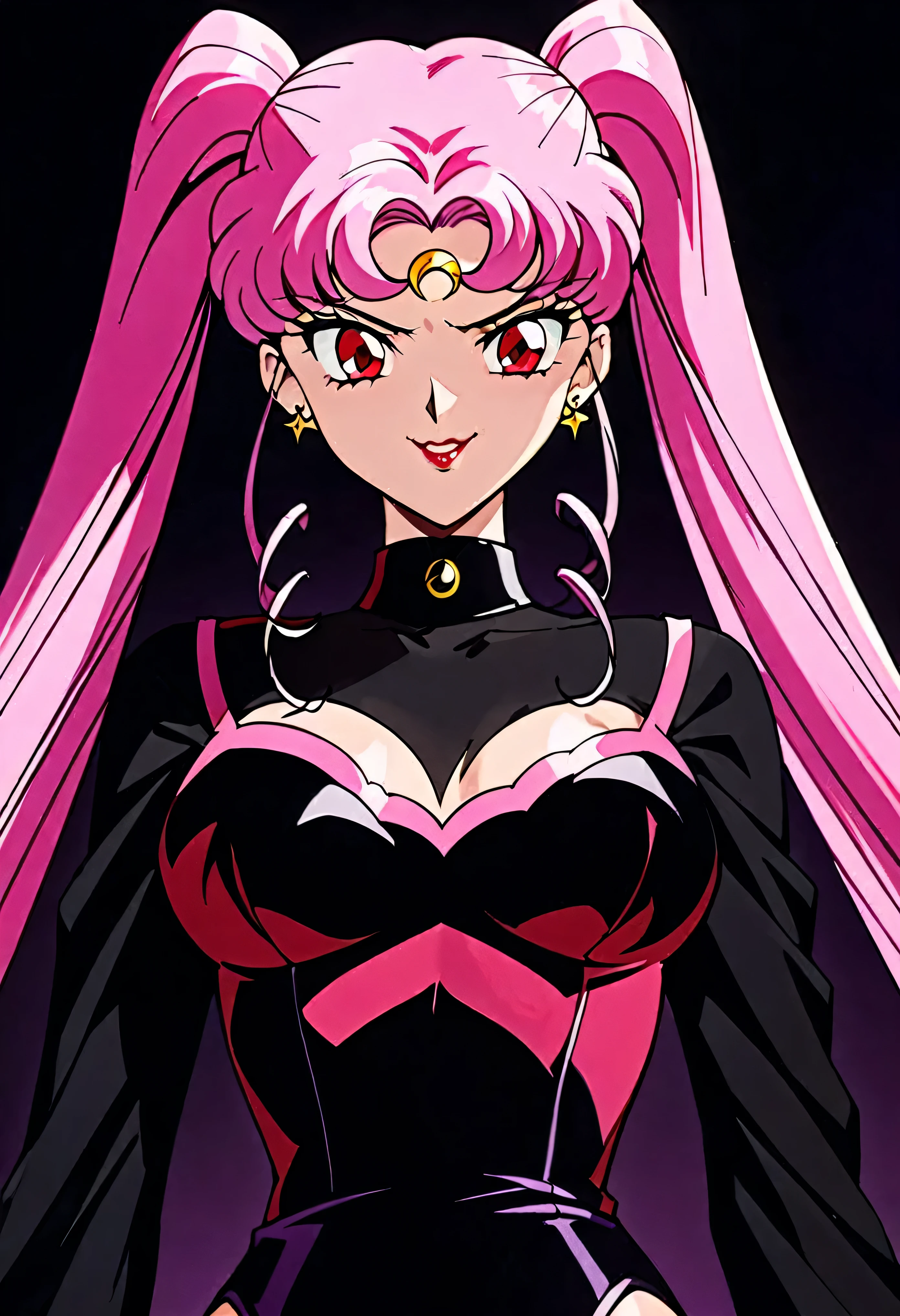 Wicked Lady from Sailor Moon, Pink Hair, Red eyes, Black background, Black crescent moon mark on forehead, evil smile,beautiful body,shaded face(eyes in  shadow),((masterpiece,best quality)), absurd,black dress,upper body,beautiful face,,looking down at viewer,twintail,black and purple background,