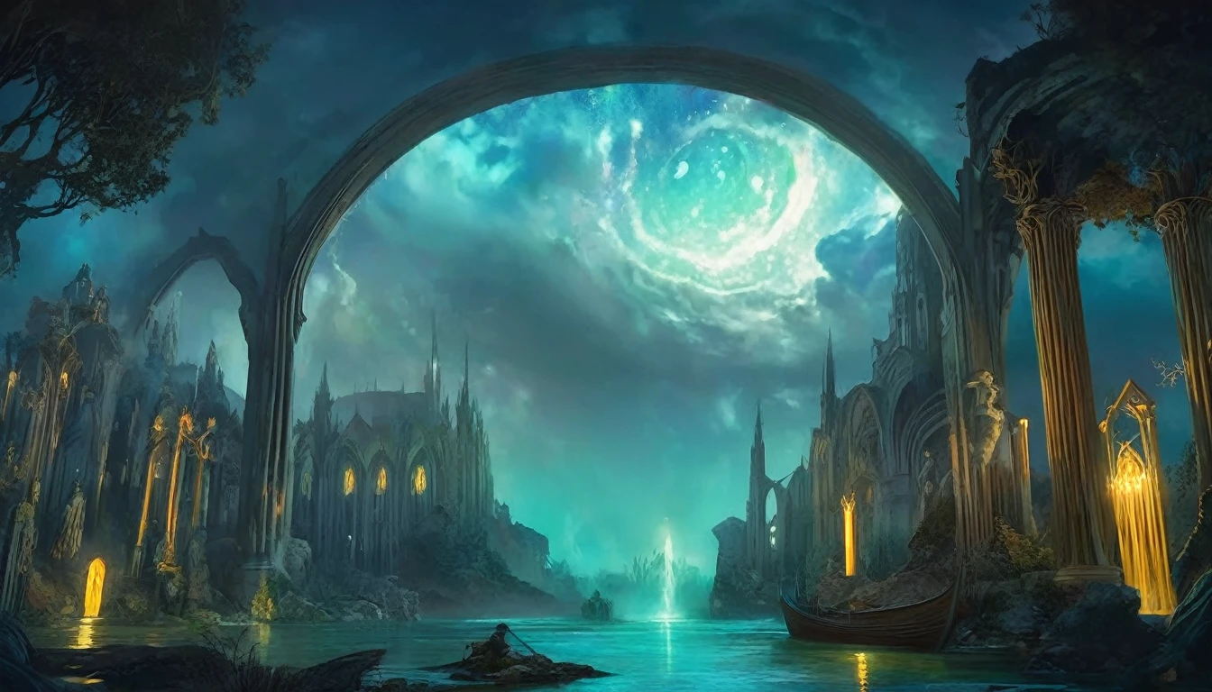 Styx River under portal to galaxy with clear water reflections under night sky + aerial view of Roman relics and gothic cathedrals under light clouds, dynamix water waves, magic mist and haze over the river, hypermaximalist, soft lighting, low contrast + low exposure, elden ring + final fantasy, concept art, matte painting by James jean, Brian froud + ross tran + peter mohrbacher + alphonse mucha + john William Waterhouse, surreal, Greek Mythos, ethereal+ hyper realistic + epic + magic, 4k octa