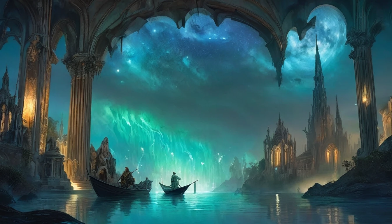 Styx River under portal to galaxy with clear water reflections under night sky + aerial view of Roman relics and gothic cathedrals under light clouds, dynamix water waves, magic mist and haze over the river, hypermaximalist, soft lighting, low contrast + low exposure, elden ring + final fantasy, concept art, matte painting by James jean, Brian froud + ross tran + peter mohrbacher + alphonse mucha + john William Waterhouse, surreal, Greek Mythos, ethereal+ hyper realistic + epic + magic, 4k octa