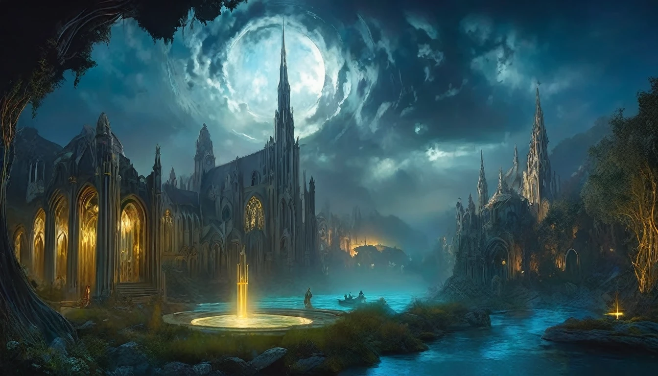 Styx River under portal to galaxy with clear water reflections under night sky + aerial view of Roman relics and gothic cathedrals under light clouds, dynamix water waves, magic mist and haze over the river, hypermaximalist, soft lighting, low contrast + low exposure, elden ring + final fantasy, concept art, matte painting by James jean, Brian froud + ross tran + peter mohrbacher + alphonse mucha + john William Waterhouse, surreal, Greek Mythos, ethereal+ hyper realistic + epic + magic, 4k octa