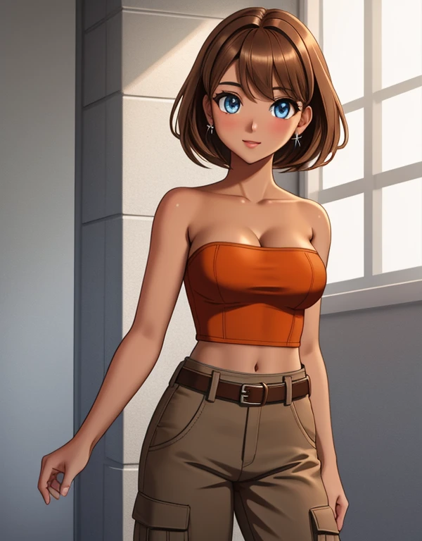 1girl, solo, 24yo, short brown hair, (amber colored irises:1.02), tan-bronze skin, tan-skinned female, athletic figure, medium breasts BREAK She’s wearing early 2000's fashion: orange strapless tank-top, belt, grey cargo pants BREAK looking at viewer, BREAK set in the early 2000’s, BREAK (masterpiece:1.2), best quality, high resolution, unity 8k wallpaper, (illustration:0.8), (beautiful detailed eyes:1.6), extremely detailed face, perfect lighting, extremely detailed CG, (perfect hands, perfect anatomy),
