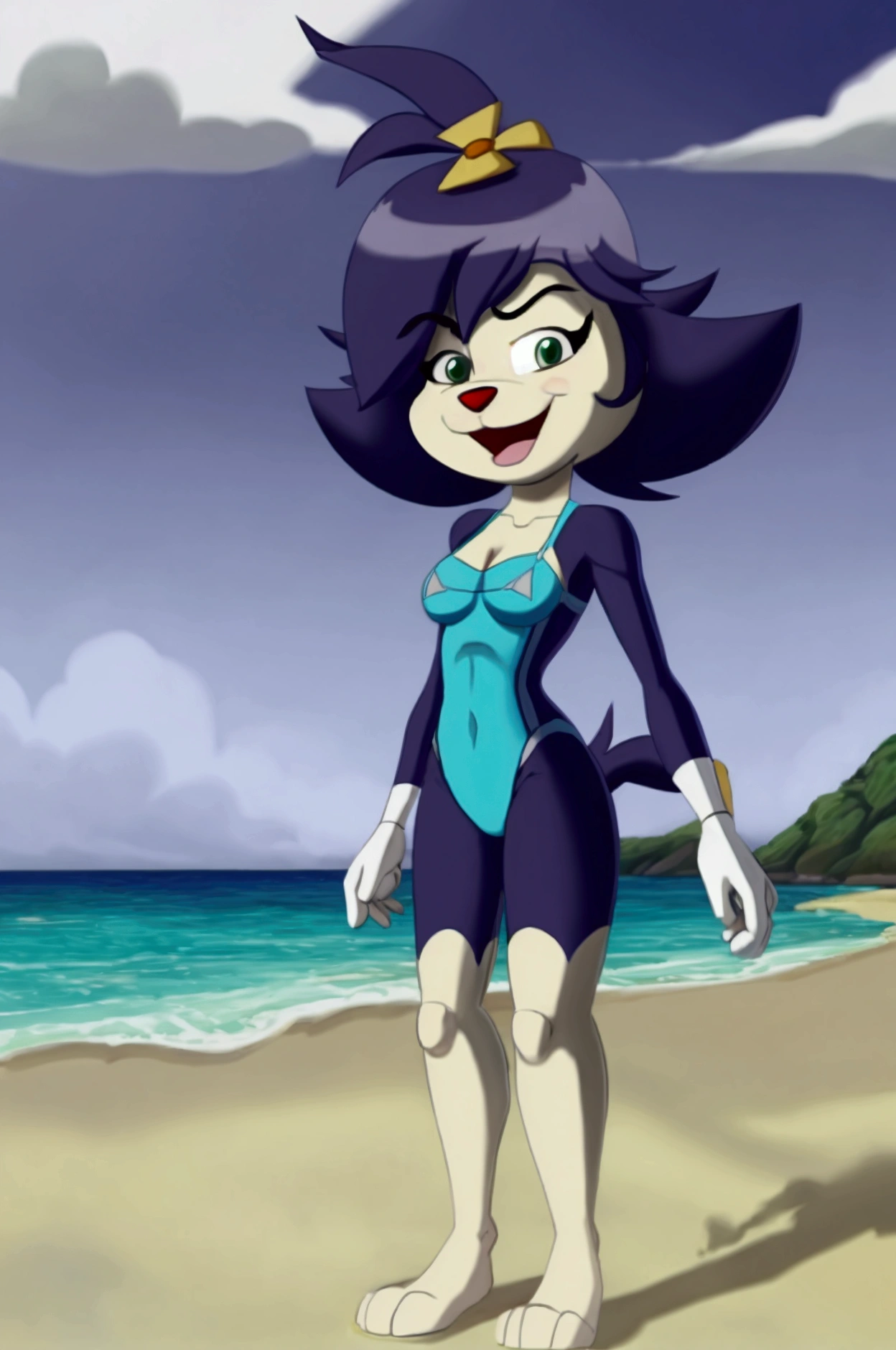 Emily the Penguin, yellow beak, yellow legs, bound, arms behind back, sexy breasts, complete nude, nipples, navel, pussy, full body, drowning, underwater, orgasm, moan, eyes closed, bottomless, void, 1girl, solo, moan