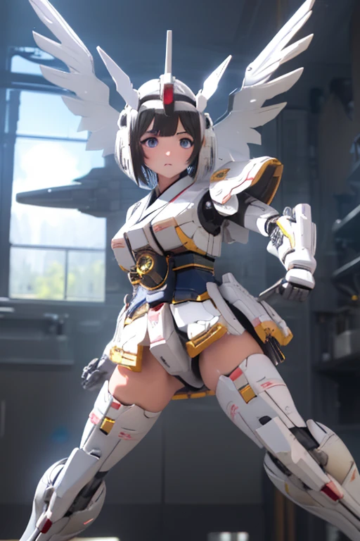 ((masterpiece, super high quality, Very detailed)), photo Realistic, Realistic, (Ultra HD: 1.2), High resolution 16k, (Keep the skin texture natural:1.5), (Perfect Anatomy),3d,japanese high school girl wears only a futuristic Gundam Mecha,(Gundam Mecha), Gundam Style,Put on head gear,額のGundam StyleのVフィンを装着, (mechanical wings),, Biomechanics , Biomechanics thighs,Mechanical shins and feet,Visible cracks,obvious crotch, Android Heroine, Fully robotized!! girl, perfect android girl, The finer details. , (cute:1.2), (Bobcut:1.3), Black Hair, Thick eyebrows, Light-colored irises, Big, bright black eyes, Long eyelashes, Small, light-colored, natural lips, ((The average face of a Japanese idol)), (The uniquely Japanese childlike face:1.3), (baby face:1.1), Wide forehead:1.2, Plump Cheeks, Small jaw, Detailed thighs,Slim body, In the hangar,Blur the background,View your viewers,Focus on the eyes 