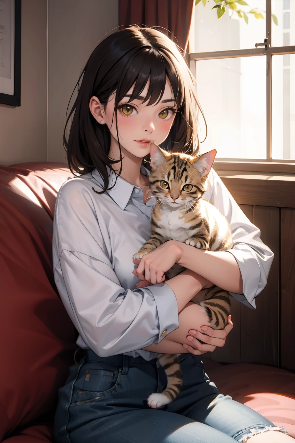 Kitten tabby cat with a girl 