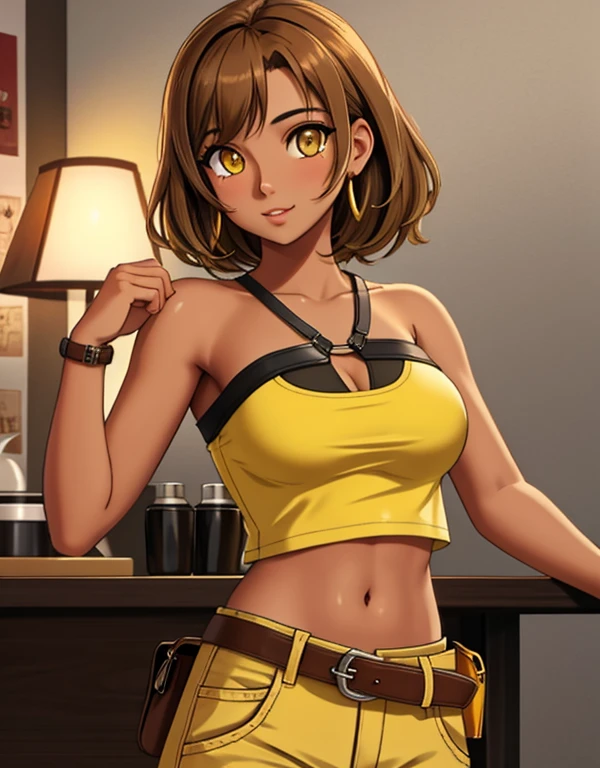 1girl, solo, 24yo, a mixed Nicaraguan-Navajo woman, short brown hair, (yellow colored eyes:1.32), tan-bronze skin, tan-skinned female, athletic figure, medium breasts BREAK She’s wearing early 2000's fashion: orange strapless tank-top, belt, grey cargo pants BREAK looking at viewer, BREAK set in the early 2000’s, BREAK (masterpiece:1.2), best quality, high resolution, unity 8k wallpaper, (illustration:0.8), (beautiful detailed eyes:1.6), extremely detailed face, perfect lighting, extremely detailed CG, (perfect hands, perfect anatomy),