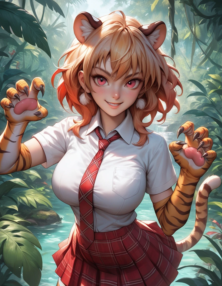 score_9, score_8_up, score_7_up, source_anime, solo, 1girl, kft1ger, tiger tail, smile, looking at you, standing, claw pose, animal ears, extra ears, tiger print, white shirt, collared shirt, wing collar, red necktie, plaid necktie, short sleeves, print gloves, elbow gloves, red skirt, plaid skirt, pleated skirt, print thighhighs, large breasts, outdoors, jungle 