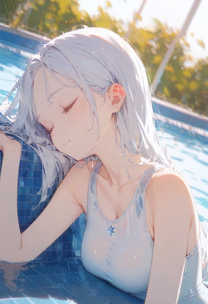 (masterpiece,best quality,ultra detailed, 1 girl, long white hair, white eyes, pale skin, closed mouth, closed eyes, sleeping in the pool, blue pool, swimsuit