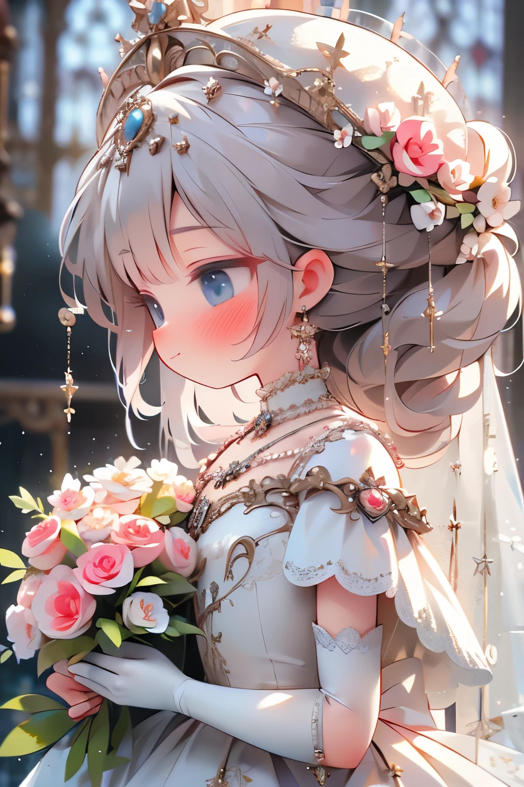 (masterpiece, Best Quality:1.2), ，Earrings，Veil，jewelry，Alone，wedding dress，flower束，dress，bridal Veil，flower，Elbow gloves，white dress，gloves，flower嫁，Upper Body，From the side，[profile，White gloves，rose，Center of chest，Mouth closed，hoop Earrings，white flower，holding flower束，