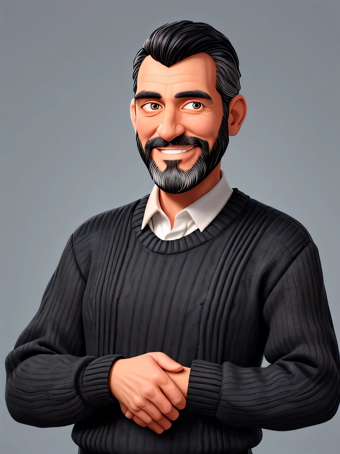 A business coach. He is in his mid-50s, has short-shaven black hair and a black beard. He wears a dark sweater over a white shirt. He smiles kindly and wisely into the camera. He is an expert in his field. He is wealthy and exudes self-confidence. He is sporty and smart.