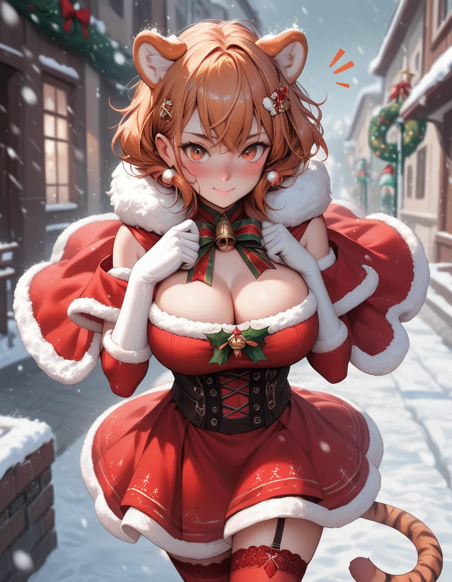 (1Girl, ((no Alf, no Alf ears, no animal ears, no ears on head)), (full-body, frontside), masterpiece, high quality, highly detailed, 8k,), (Fuller breasts, breasts-type: Full, Larger breasts with a more rounded and filled-out appearance), (wearing Embellished tulle dress with long sleeves), (winter theme, winter background), Eyes: Almond-shaped, dark brown
, Nose: Small and slightly upturned
, Lips: Full, rosy pink
, Hair: Long, curly, dark brown
, Skin Tone: Olive with a warm undertone
, Eyebrows: Thick and arched
, Cheekbones: High and defined
, Chin: Rounded
, Ears: Medium-sized and slightly visible
, Expression: Confident and poised