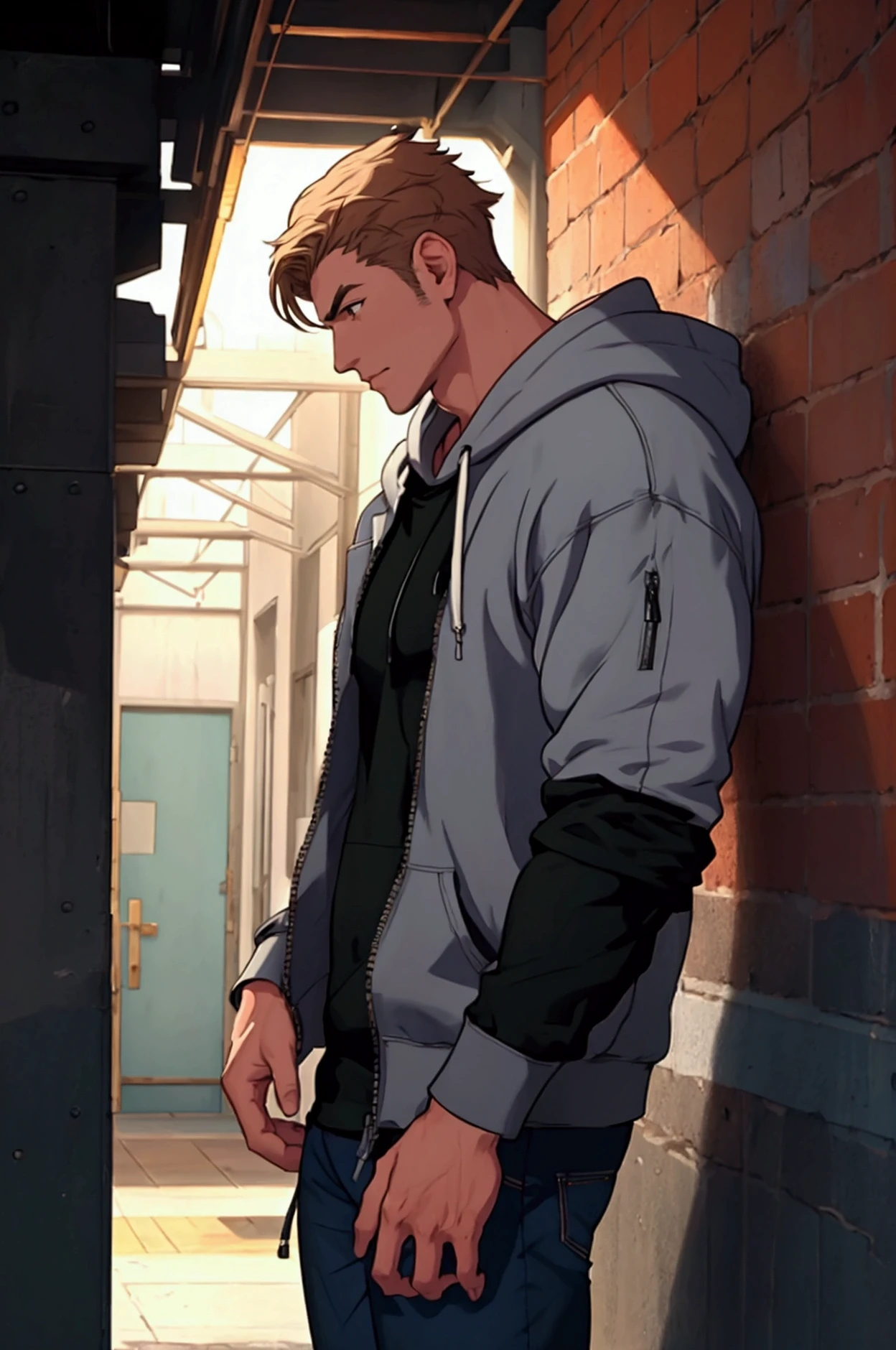 a muscular 8-foot-tall. Solo. the man's physique is powerfully built and thick, with well defined muscles beneath his clothing. wearing a pair of jeans and a dark blue tee shirt and a baggy zip-up {grey} hoodie. clean cut clean shaven, head tilted down, Every aspect of the scene is rendered in hyper-detailed, vivid fashion - the man's chiseled physique, and the dramatic lighting and cinematic composition. side view