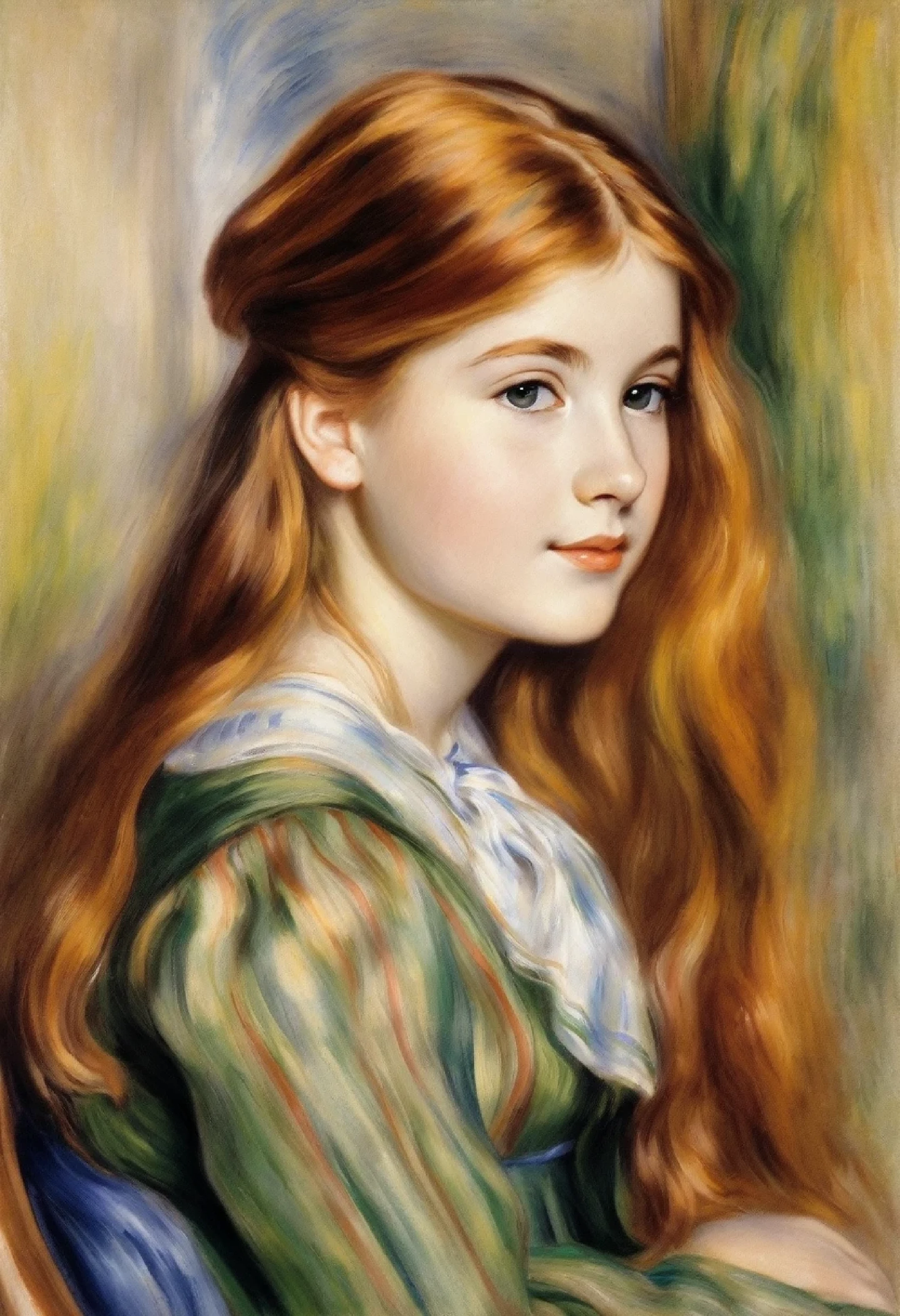 a painting of a young girl with long hair sitting in a chair, Пьер-Огюст Renoir, Renoir, Пьер Ролан Renoir, Пьер - Огюст Renoir, in Renoir style painting, side portrait of a girl, portrait of a young girl, portrait of a red-haired girl, portrait young girl, young girl