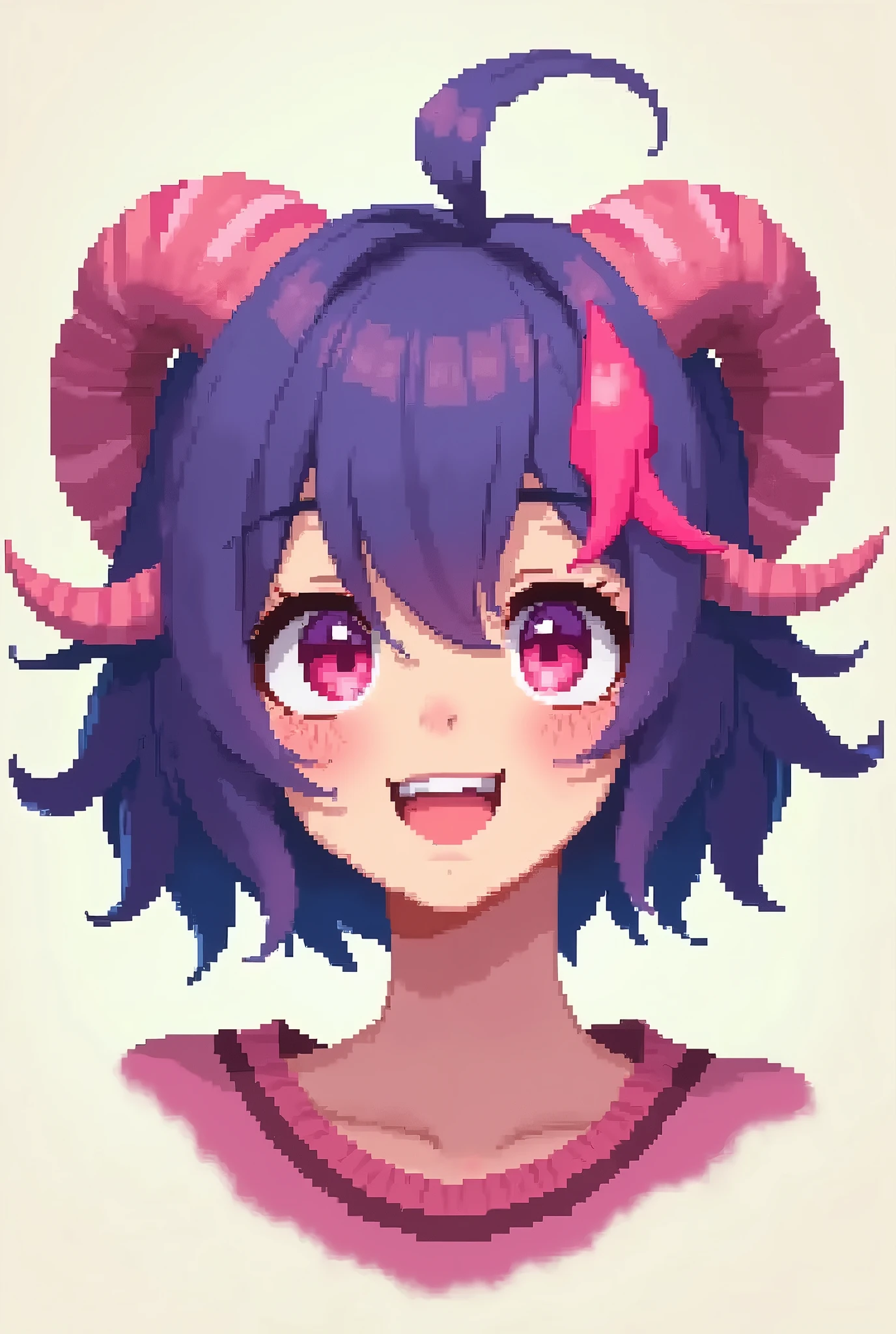 Mina Ashido, 1 girl, Alone, old, short hair, medium naked old with nipples, sexy, pornography, shirt, White background, clavicle, yellow eyes, Upper part of the body, pink hair, horns, teeth, colored skin, happy, colored sclera, emphasis lines, black sclera, pink skin, pixel art, NSFW
