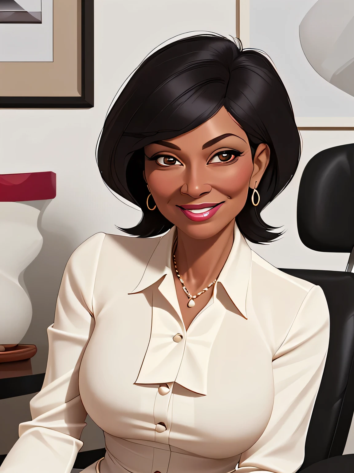 A business coach. She is in her mid-50s. She has black. She wears a light-colored blouse. She smiles friendly and wisely into the camera. She is an expert in her field. She is wealthy and exudes self-confidence. She is sporty and smart.